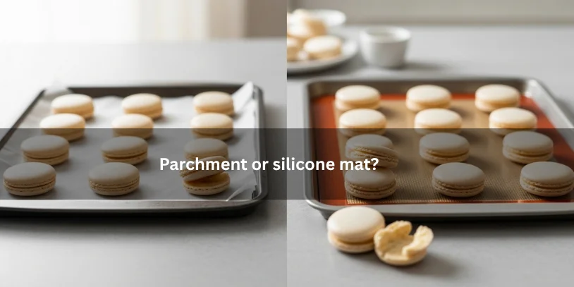 Why Are My Macarons Flat? Causes, Fixes, and a Better Way to Troubleshoot Every Batch Two batches of homemade macarons baked on parchment paper and a silicone mat, illustrating differences in shell shape, feet, and baking results under soft natural lighting.-why are my macarons flat