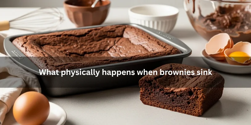 Freshly baked brownies with a sunken center and collapsed interior texture, illustrating what physically happens when brownies sink under soft natural lighting.-why did my brownies sink in the middle 