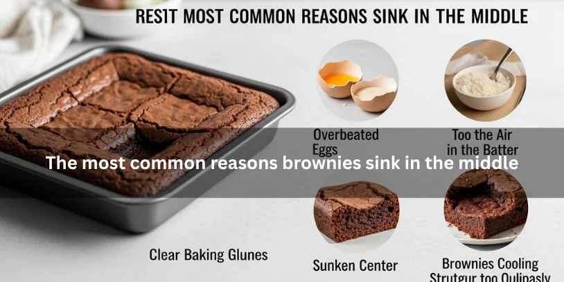 Freshly baked brownies with a sunken center beside baking clues like underbaked texture and airy batter, illustrating the most common reasons brownies sink in the middle under soft natural lighting.-why did my brownies sink in the middle 