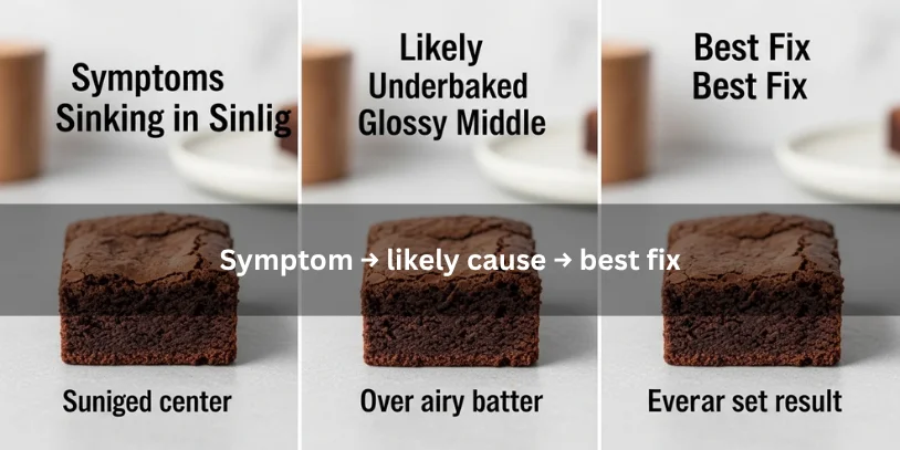 Three brownie examples showing a sunken center, likely causes, and the corrected result, illustrating a symptom-to-likely-cause-to-best-fix guide under soft natural lighting.-why did my brownies sink in the middle 