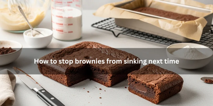 Perfectly baked brownies with an even top and fully set fudgy center beside measured ingredients, illustrating how to stop brownies from sinking next time under soft natural lighting.-why did my brownies sink in the middle 