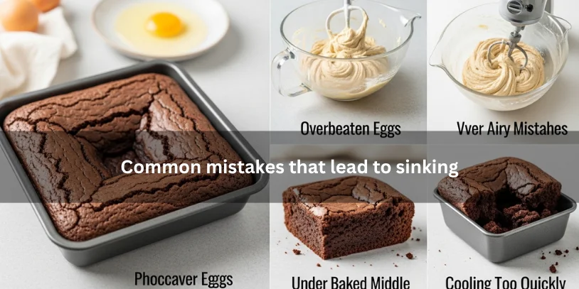 Freshly baked brownies with a sunken center beside common baking mistake clues like airy batter and an underbaked middle, illustrating mistakes that lead to sinking under soft natural lighting.-why did my brownies sink in the middle