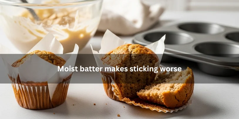 Freshly baked muffins with moist crumb sticking to torn paper liners, illustrating how moist batter makes sticking worse under soft natural lighting.-why do my muffins stick to the paper liners 