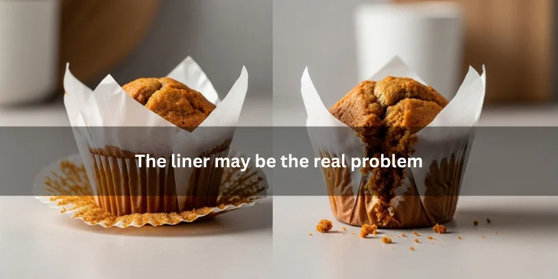Freshly baked muffins in two different paper liner types, showing one peeling cleanly and one sticking badly, illustrating that the liner may be the real problem under soft natural lighting.-why do my muffins stick to the paper liners 