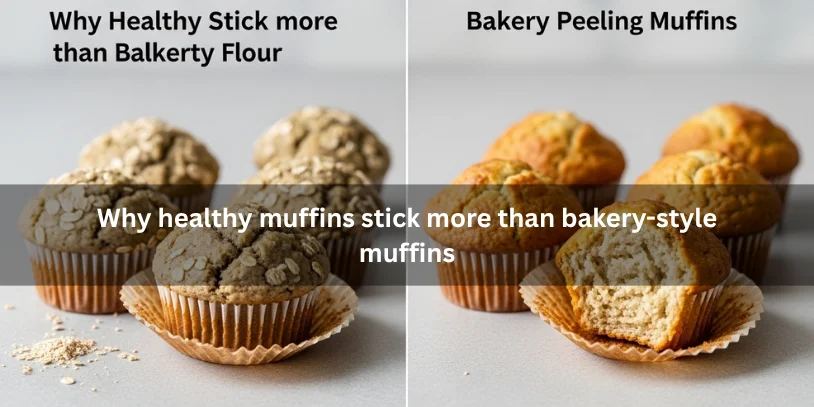 Two batches of muffins comparing healthy muffins that stick to paper liners and bakery-style muffins that peel more cleanly under soft natural lighting.-why do my muffins stick to the paper liners 