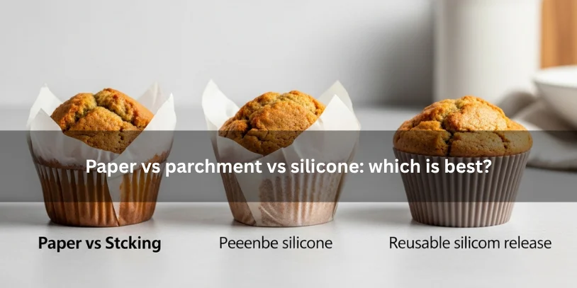 Three freshly baked muffins in paper, parchment, and silicone liners, comparing release, texture, and peeling performance under soft natural lighting.-why do my muffins stick to the paper liners 