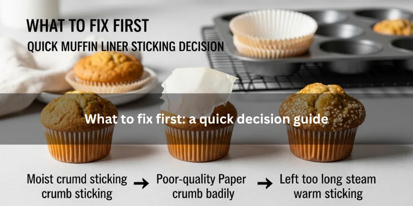 Three freshly baked muffins showing sticking caused by moist batter, poor-quality liners, and cooling mistakes, illustrating a quick decision guide for what to fix first under soft natural lighting.-why do my muffins stick to the paper liners