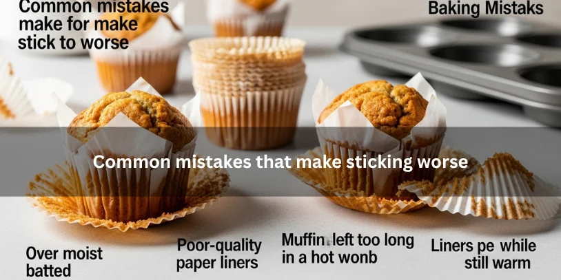 Freshly baked muffins with torn paper liners and crumb sticking to the wrapper beside common baking mistakes, illustrating what makes muffin sticking worse under soft natural lighting.-why do my muffins stick to the paper liners 