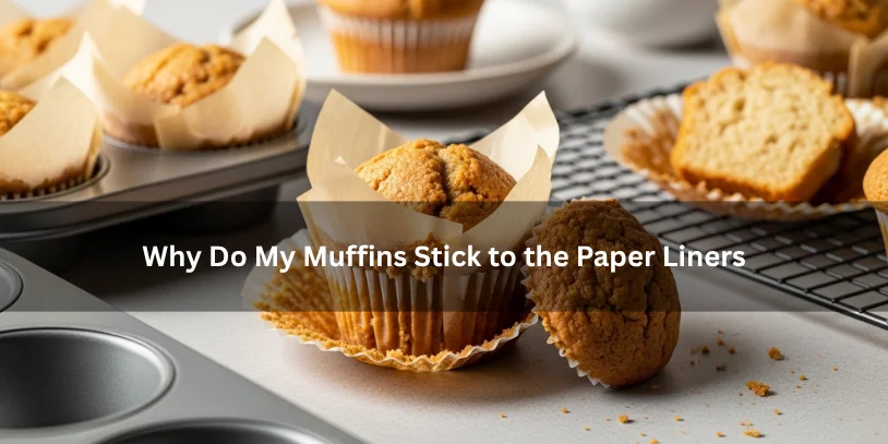 Freshly baked muffins sticking to paper liners with torn wrappers and crumb clinging to the paper, illustrating why muffins stick to liners under soft natural lighting.-why do my muffins stick to the paper liners