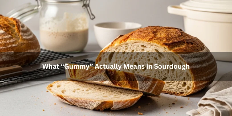 Why Does My Sourdough Keep Coming Out Gummy? How to Fix the Real Cause Freshly baked sourdough loaf with a glossy sticky dense crumb and under-set center, illustrating what gummy sourdough means under soft natural lighting.-why does my sourdough keep coming out gummy