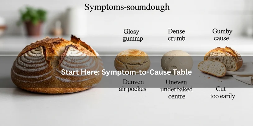 Why Does My Sourdough Keep Coming Out Gummy? How to Fix the Real Cause Freshly baked sourdough loaf beside visual troubleshooting clues like gummy crumb and uneven air pockets, illustrating a symptom-to-cause guide for gummy sourdough under soft natural lighting.-why does my sourdough keep coming out gummy