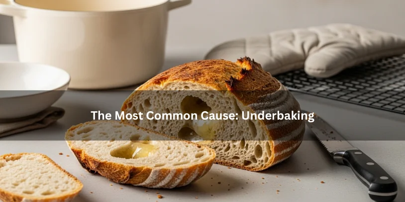 Why Does My Sourdough Keep Coming Out Gummy? How to Fix the Real Cause Freshly baked sourdough loaf with a glossy gummy center and darker crust, illustrating underbaking as the most common cause of gummy sourdough under soft natural lighting.-why does my sourdough keep coming out gummy