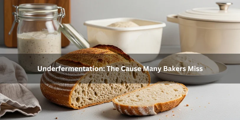 Why Does My Sourdough Keep Coming Out Gummy? How to Fix the Real Cause Freshly baked sourdough loaf with a dense slightly gummy crumb and limited oven spring beside fermentation clues, illustrating underfermentation as a missed cause of gummy sourdough under soft natural lighting.-why does my sourdough keep coming out gummy