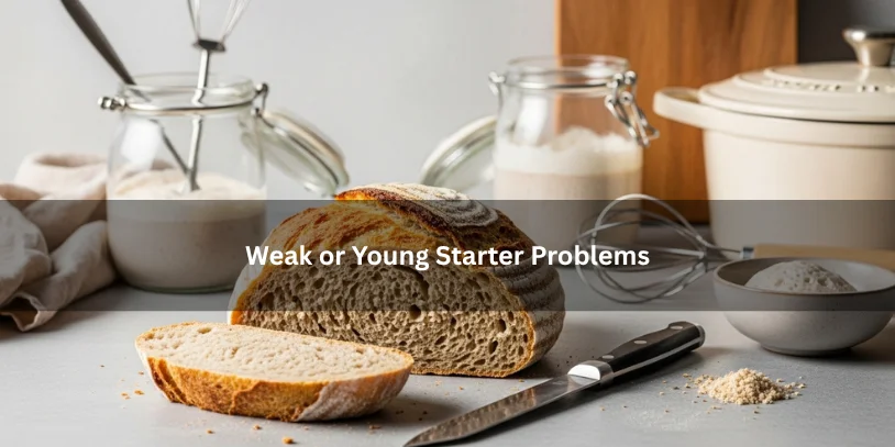 Why Does My Sourdough Keep Coming Out Gummy? How to Fix the Real Cause Freshly baked sourdough loaf with a dense slightly gummy crumb beside a weak low-rising starter jar, illustrating weak or young starter problems under soft natural lighting.-why does my sourdough keep coming out gummy
