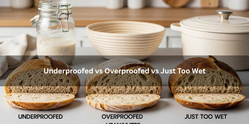 Why Does My Sourdough Keep Coming Out Gummy? How to Fix the Real Cause Three sliced sourdough loaves comparing underproofed, overproofed, and overly wet results, illustrating differences in rise, crumb, and moisture under soft natural lighting.-why does my sourdough keep coming out gummy