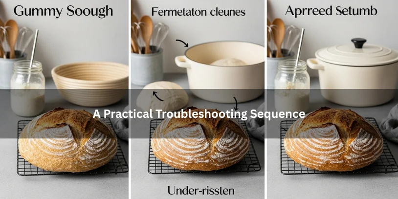 Why Does My Sourdough Keep Coming Out Gummy? How to Fix the Real Cause Three sourdough stages showing a gummy loaf, fermentation clues, and an improved loaf, illustrating a practical troubleshooting sequence for gummy sourdough under soft natural lighting.-why does my sourdough keep coming out gummy