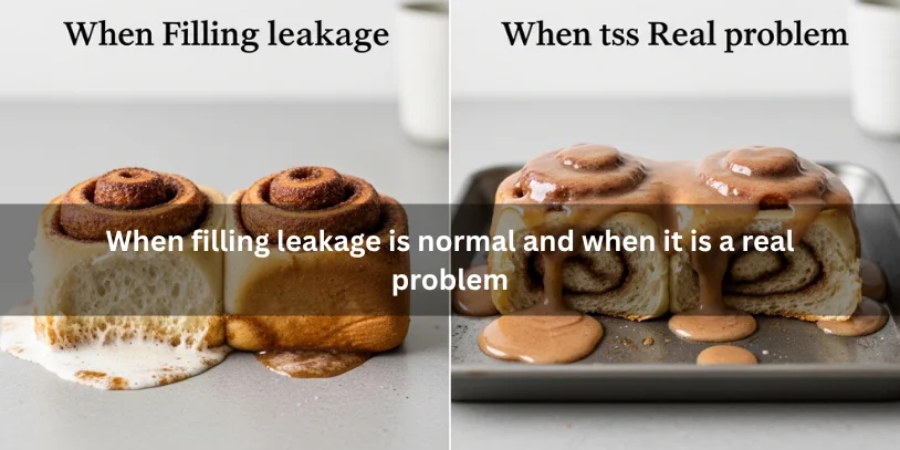 Two baked cinnamon rolls comparing slight normal filling leakage and excessive filling loss, illustrating when leakage is normal and when it is a real problem under soft natural lighting.