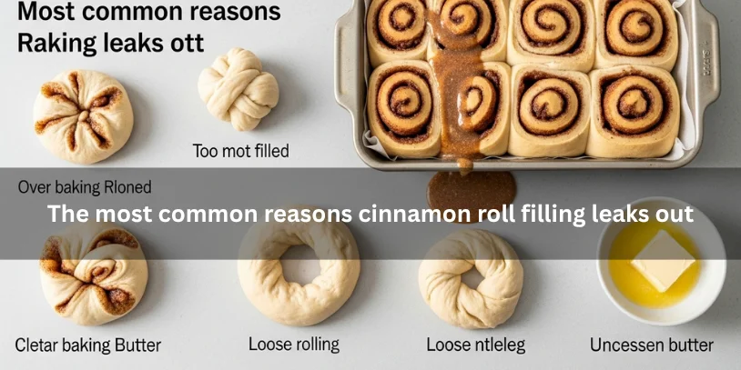 Freshly baked cinnamon rolls with leaked cinnamon-sugar filling beside overfilled dough and baking clues, illustrating the most common reasons filling leaks out under soft natural lighting.-why does the filling leak out of my cinnamon rolls 