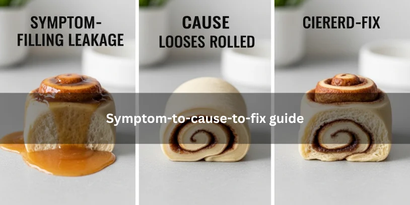 Three cinnamon roll examples showing leakage symptom, likely cause, and corrected result, illustrating a symptom-to-cause-to-fix guide under soft natural lighting.-why does the filling leak out of my cinnamon rolls 