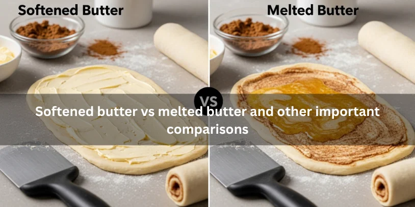 Softened butter and melted butter shown side by side with cinnamon roll filling ingredients, illustrating important texture and leakage comparisons under soft natural lighting.-why does the filling leak out of my cinnamon rolls 