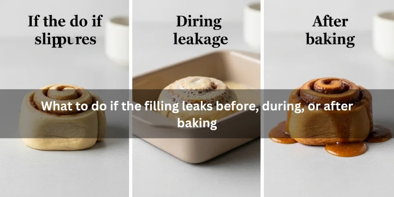 Three cinnamon roll stages showing filling leakage before baking, during baking, and after baking, illustrating what to do at each stage under soft natural lighting.-why does the filling leak out of my cinnamon rolls 