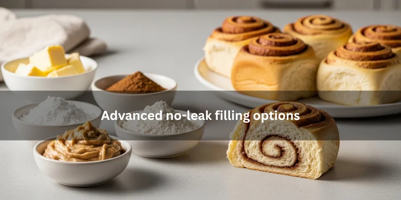 Freshly baked cinnamon rolls with filling held inside the swirls beside thicker no-leak filling options, illustrating advanced cinnamon roll filling methods under soft natural lighting.-why does the filling leak out of my cinnamon rolls 