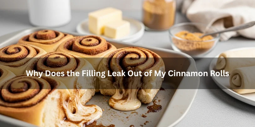 Freshly baked cinnamon rolls with cinnamon-sugar filling leaked onto the pan, illustrating why filling leaks out of cinnamon rolls under soft natural lighting.-why does the filling leak out of my cinnamon rolls