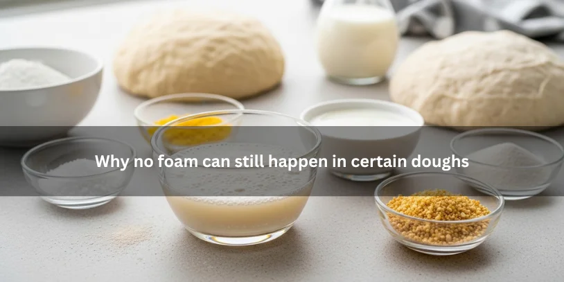 Yeast mixture with little foam beside enriched dough ingredients, illustrating why some doughs may not show much foaming under soft natural lighting.-why is my active yeast not foaming 