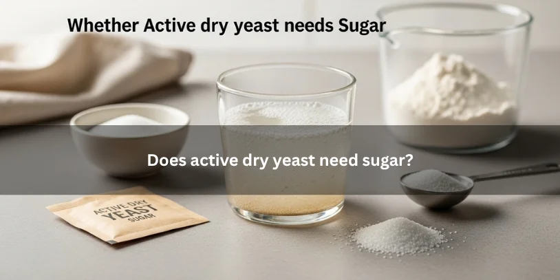 Active dry yeast in warm water with sugar and baking ingredients nearby, illustrating whether sugar is needed for yeast activation under soft natural lighting.-why is my active yeast not foaming 