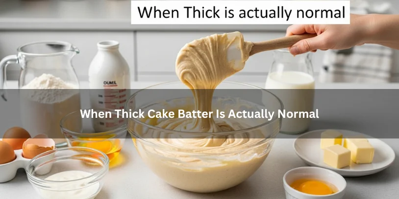 Smooth, thick cake batter in a mixing bowl clinging evenly to a spatula, illustrating a normal batter consistency in a clean kitchen setting.-why is my cake batter so thick 