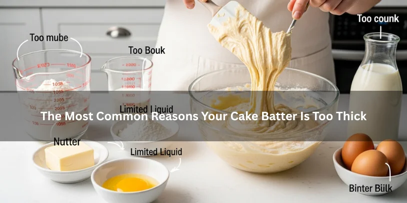 Overly thick cake batter in a mixing bowl beside measured baking ingredients, illustrating common causes of dense batter in a clean kitchen setting.-why is my cake batter so thick 