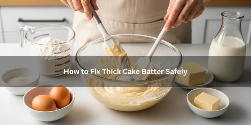 Thick cake batter being gently adjusted with added liquid beside baking ingredients, illustrating a safe way to fix dense batter in a clean kitchen setting.-why is my cake batter so thick 