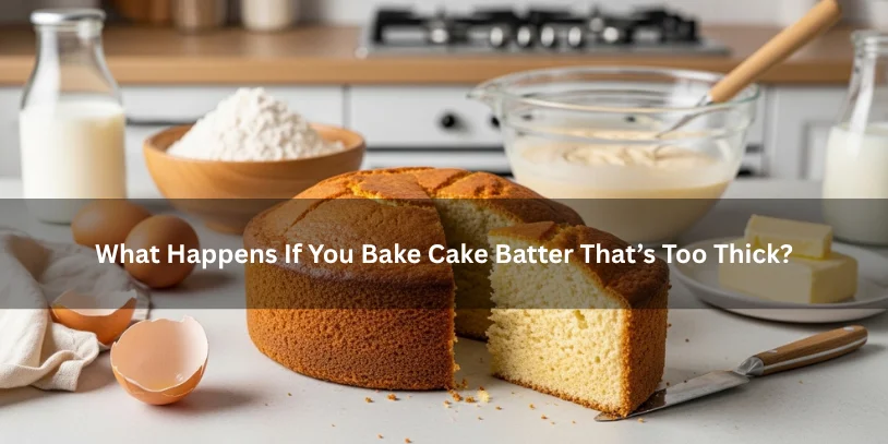 Dense baked cake with a heavy interior and uneven rise beside thick batter and baking ingredients, illustrating what can happen when batter is too thick.-why is my cake batter so thick 