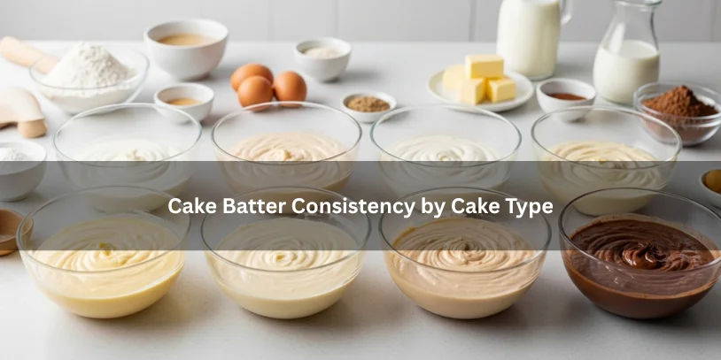 Multiple bowls of cake batter showing different consistencies by cake type, illustrating texture variations on a clean kitchen countertop.-why is my cake batter so thick 