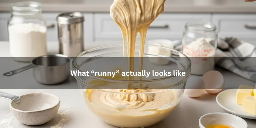Runny cookie batter dripping from a spoon back into a mixing bowl, showing what overly thin batter looks like under soft natural lighting.-why is my cookie batter runny 
