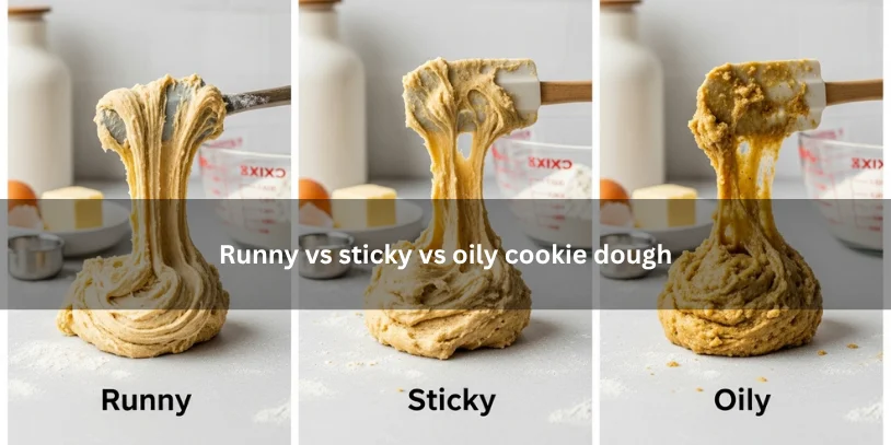 Three types of cookie dough shown side by side—runny, sticky, and oily—highlighting their texture differences under soft natural lighting.-why is my cookie batter runny 