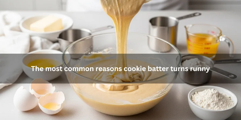 Runny cookie batter in a mixing bowl with common baking ingredients nearby, illustrating why cookie batter turns too thin under soft natural lighting.-why is my cookie batter runny 