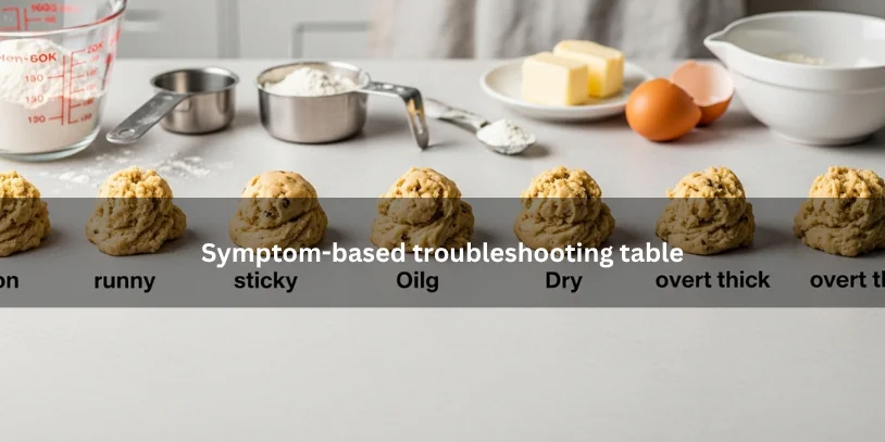 Several portions of cookie dough with different textures arranged side by side, illustrating a symptom-based troubleshooting guide under soft natural lighting.-why is my cookie batter runny 