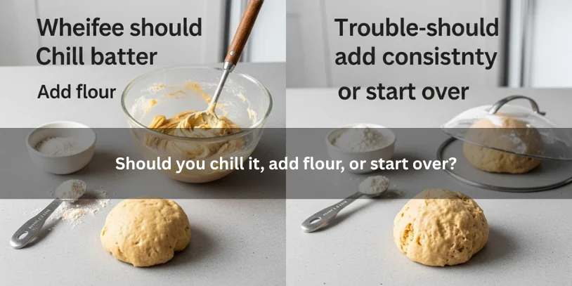 Runny cookie batter with flour and chilling cues nearby, illustrating whether to chill it, add flour, or start over under soft natural lighting.-why is my cookie batter runny 