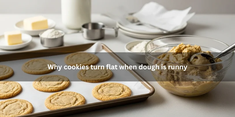 Flat spread-out cookies next to runny cookie dough, showing why overly thin dough causes cookies to bake flat under soft natural lighting.-why is my cookie batter runny 