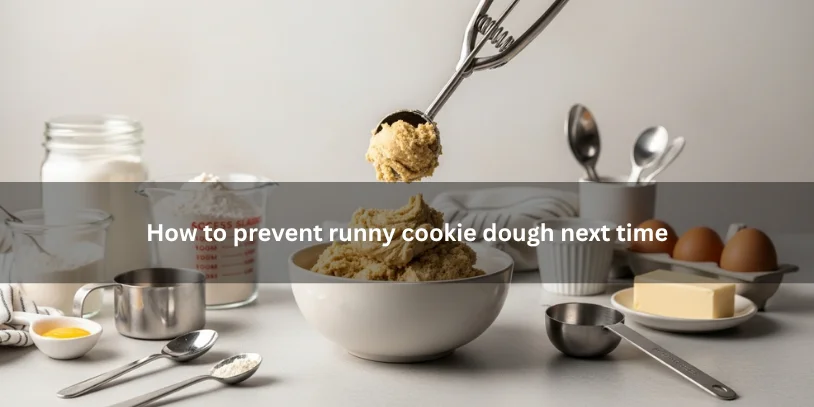 Thick, scoopable cookie dough with measured baking ingredients nearby, showing how to prevent runny cookie dough under soft natural lighting.-why is my cookie batter runny 