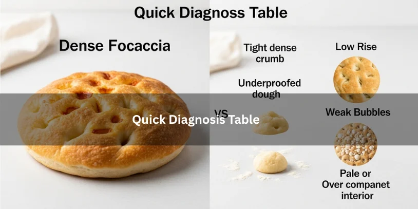 Why Is My Focaccia Dense? 7 Common Causes and How to Get an Airy, Open Crumb Freshly baked dense focaccia beside visual troubleshooting clues like tight crumb and low rise, illustrating a quick diagnosis guide under soft natural lighting.-why is my focaccia dense