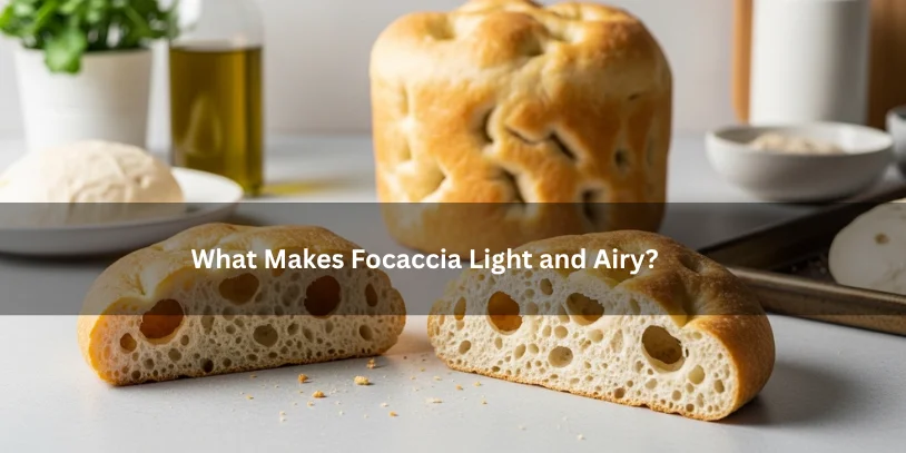 Why Is My Focaccia Dense? 7 Common Causes and How to Get an Airy, Open Crumb Freshly baked focaccia with an open airy crumb and large bubbles, illustrating what makes focaccia light and airy under soft natural lighting.-why is my focaccia dense