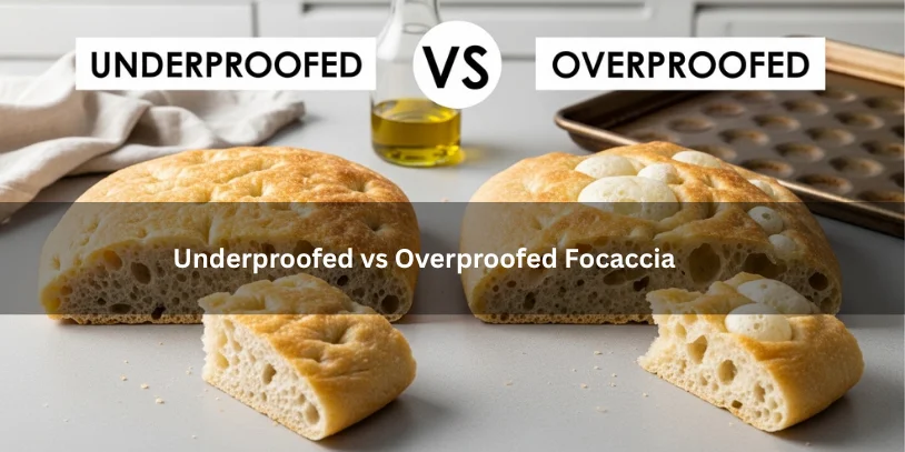 Why Is My Focaccia Dense? 7 Common Causes and How to Get an Airy, Open Crumb Two focaccia breads comparing underproofed and overproofed focaccia, showing differences in rise, crumb texture, and surface bubbles under soft natural lighting.-why is my focaccia dense