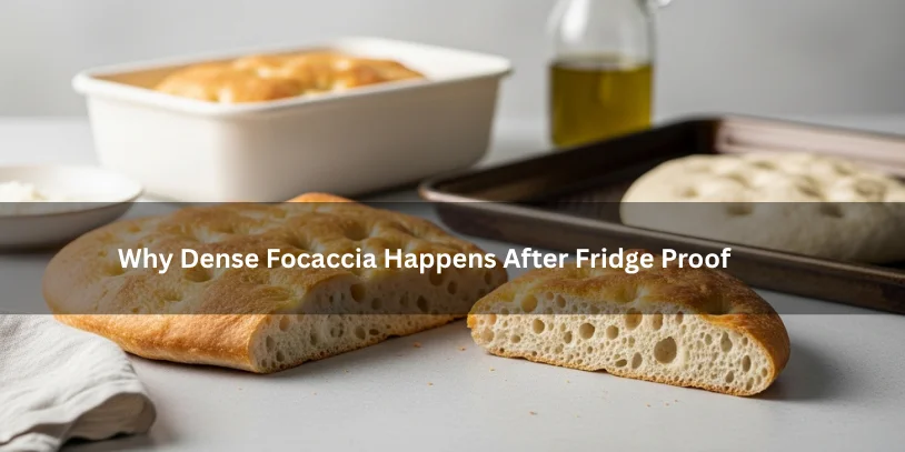 Why Is My Focaccia Dense? 7 Common Causes and How to Get an Airy, Open Crumb Freshly baked focaccia with a tight dense crumb beside cold-proofed dough and baking clues, illustrating why dense focaccia can happen after fridge proof under soft natural lighting.-why is my focaccia dense