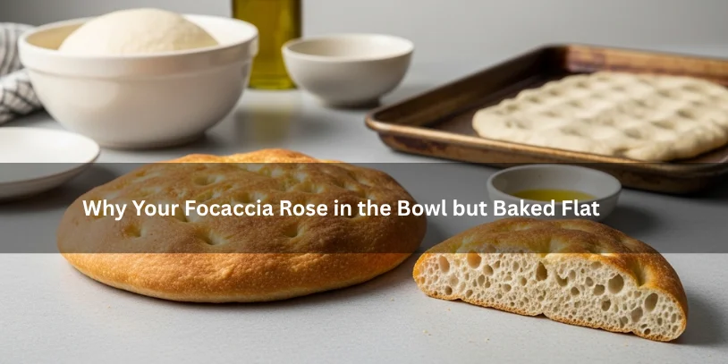 Why Is My Focaccia Dense? 7 Common Causes and How to Get an Airy, Open Crumb Freshly baked focaccia with a flat dense profile beside a bowl of well-risen dough, illustrating why focaccia can rise in the bowl but bake flat under soft natural lighting.-why is my focaccia dense