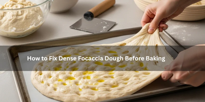 Why Is My Focaccia Dense? 7 Common Causes and How to Get an Airy, Open Crumb Raw focaccia dough in a sheet pan being gently adjusted and proofed further, illustrating how to fix dense focaccia dough before baking under soft natural lighting.-why is my focaccia dense