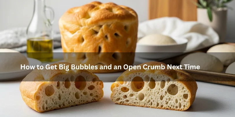 Why Is My Focaccia Dense? 7 Common Causes and How to Get an Airy, Open Crumb Freshly baked focaccia with large irregular bubbles and an open airy crumb, illustrating how to get big bubbles and an open crumb next time under soft natural lighting.-why is my focaccia dense