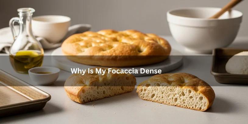 Why Is My Focaccia Dense? 7 Common Causes and How to Get an Airy, Open Crumb Freshly baked focaccia with a tight dense crumb and low profile, illustrating why focaccia turns out dense under soft natural lighting.-why is my focaccia dense