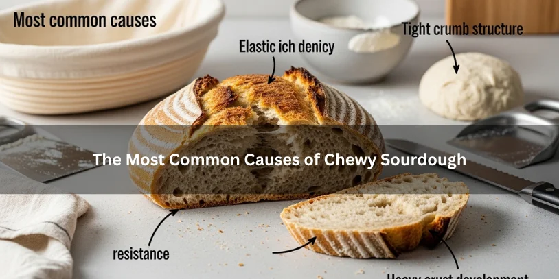 Sliced sourdough loaf with a dense chewy crumb and firm crust, illustrating the most common causes of chewy sourdough under soft natural lighting.-why is my sourdough bread chewy 